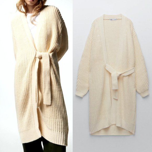 NEW Zara Long Wrap Front Sweater Cozy Warm Knit Oversize Cardigan Butter Cream M - Picture 5 of 8